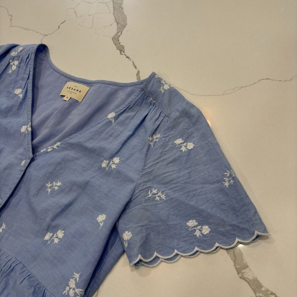 Sezane Dress Size Small (36) Blue Mini Floral Dainty Button Front Short Sleeve - Picture 3 of 7